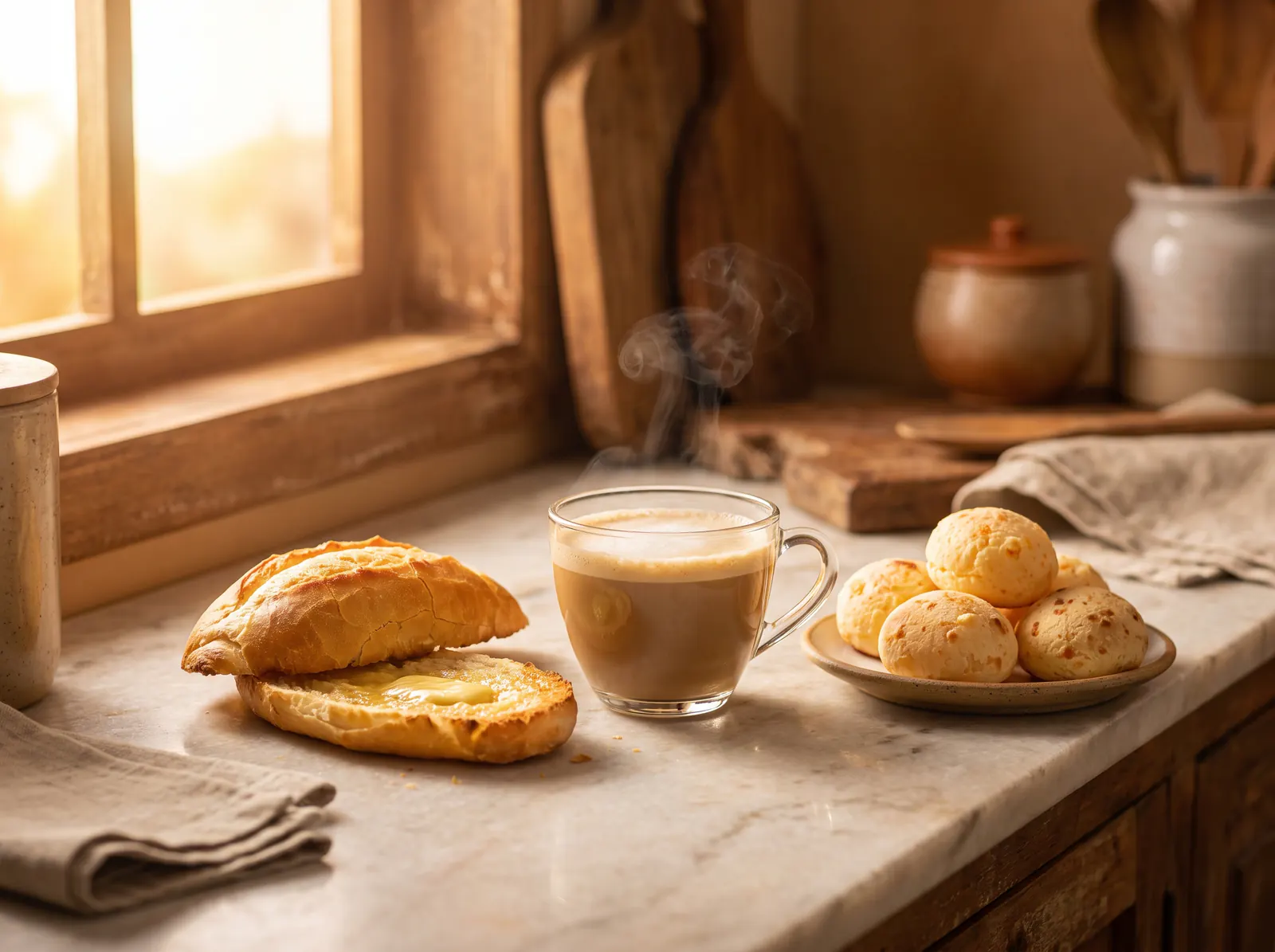 A primeira fornada: Pão francês, Pão na chapa, Pão de queijo, Cappuccino Ki-Pão