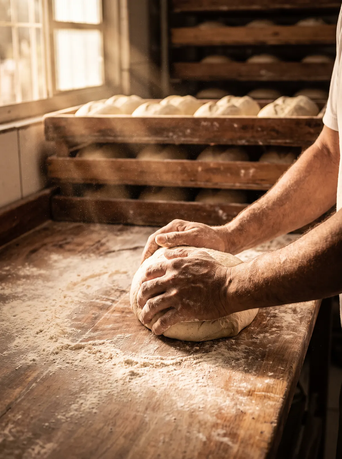 Mãos de padeiro modelando massa de pão sobre a bancada enfarinhada
