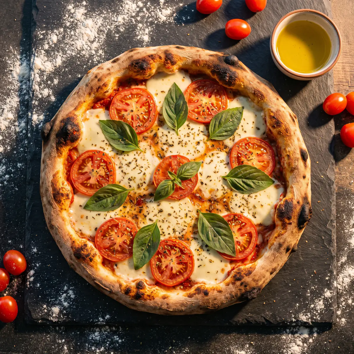 Pizza marguerita com tomate, manjericão e muçarela, vista de cima