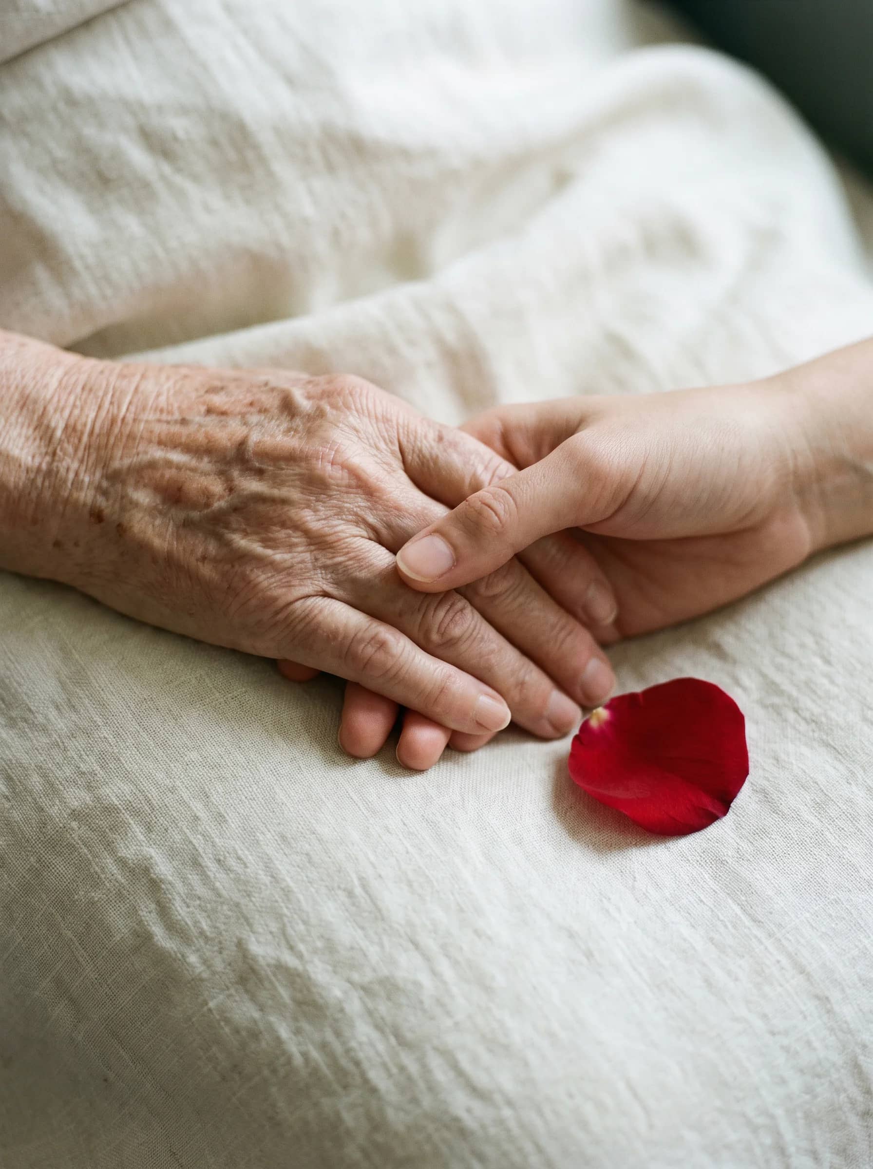 Mãos de diferentes gerações entrelaçadas, ao lado de uma pétala de rosa