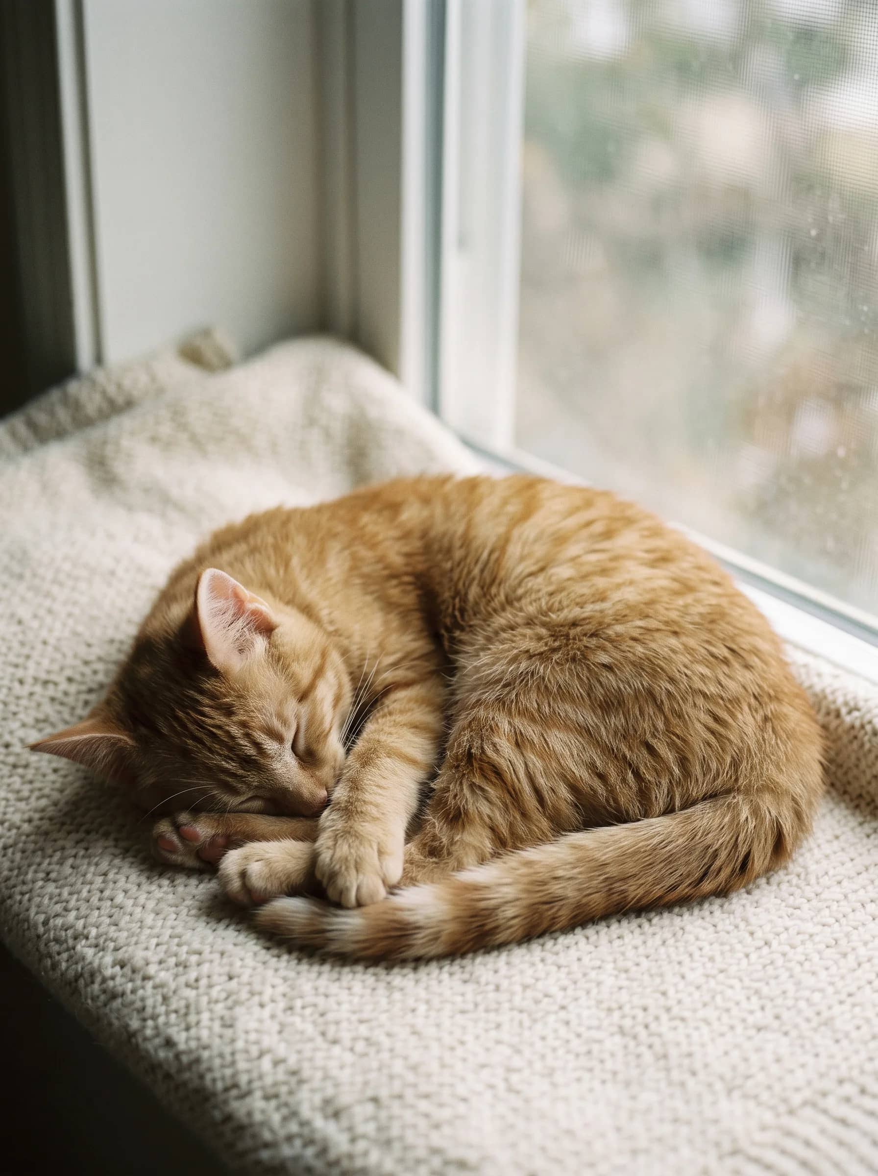 Gato dormindo tranquilo sobre uma manta