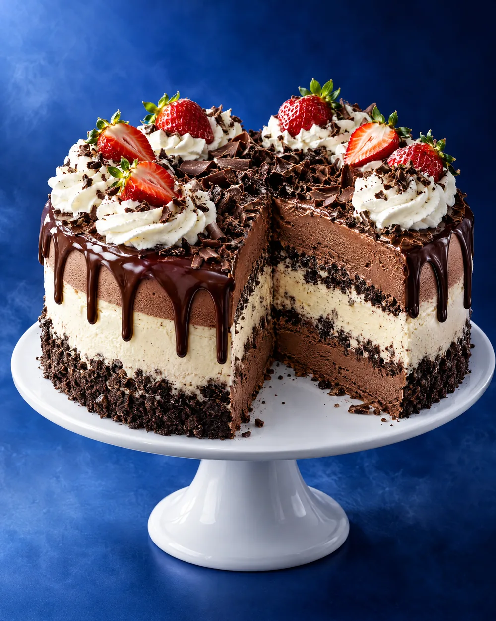 Bolo de sorvete com cobertura de chocolate, chantilly e morangos